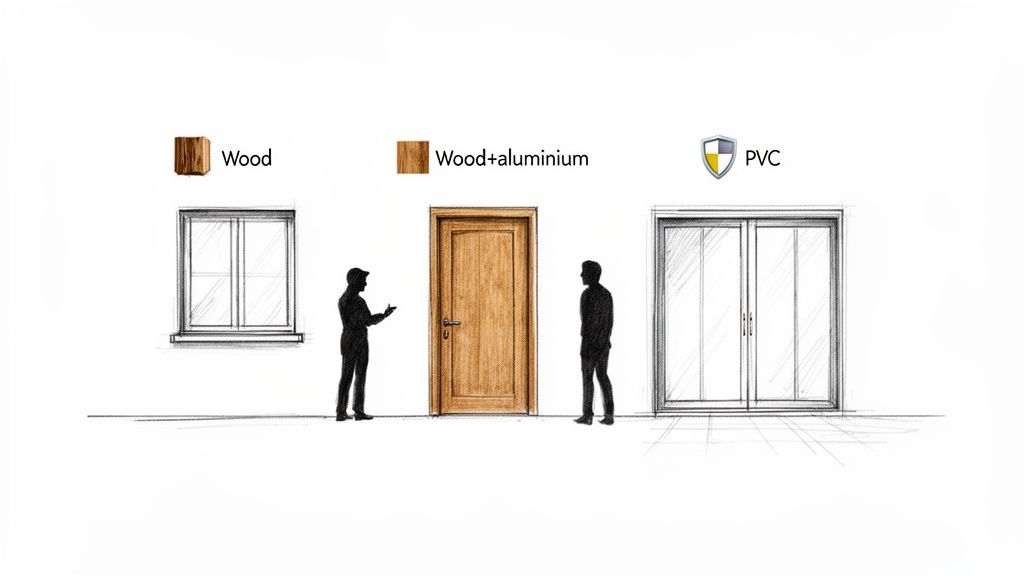 Illustration af forskellige vinduer og døre i træ, træ+aluminium og PVC, med to silhuetter.