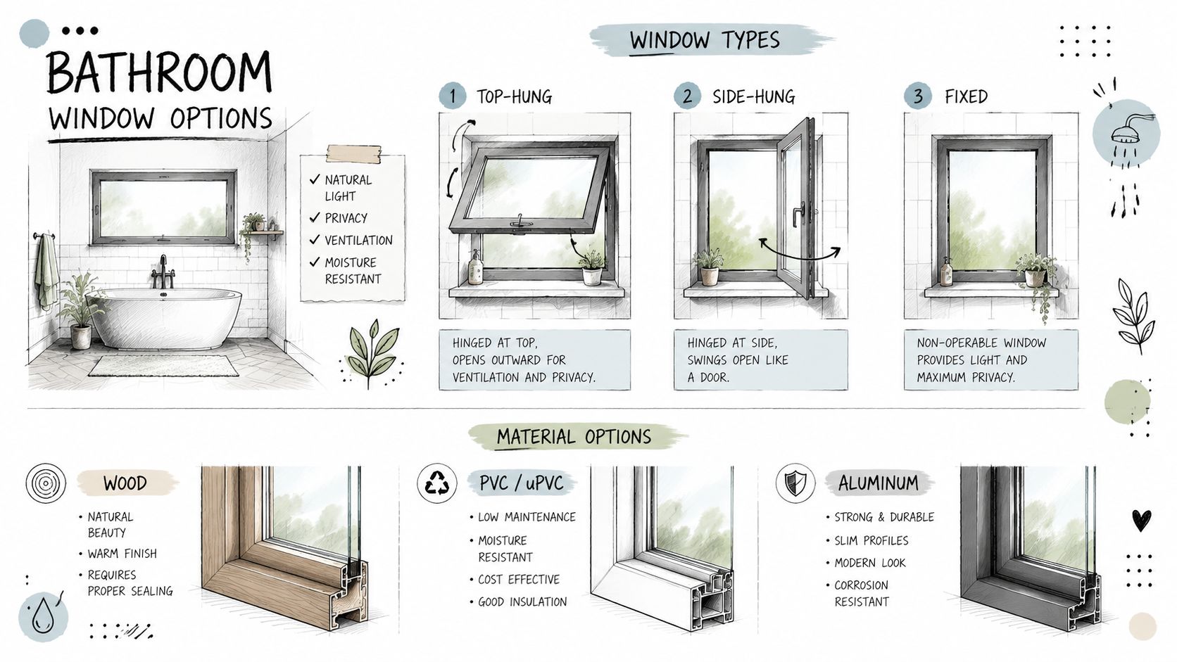 Illustration af forskellige typer badeværelsesvinduer og materialemuligheder til en badeværelsesindretning med naturligt lys og ventilation.