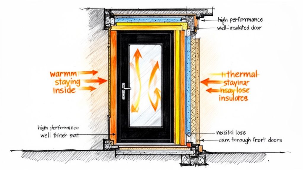 Tegning der viser en isoleret sort hoveddør med glas, der effektivt holder på varmen i huset.