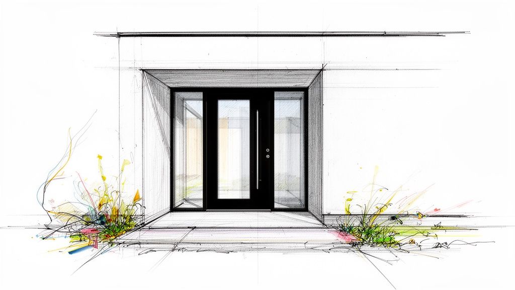En elegant sort hoveddør med glaspartier i siderne, indrammet i en moderne arkitektonisk bygning med beplantning.