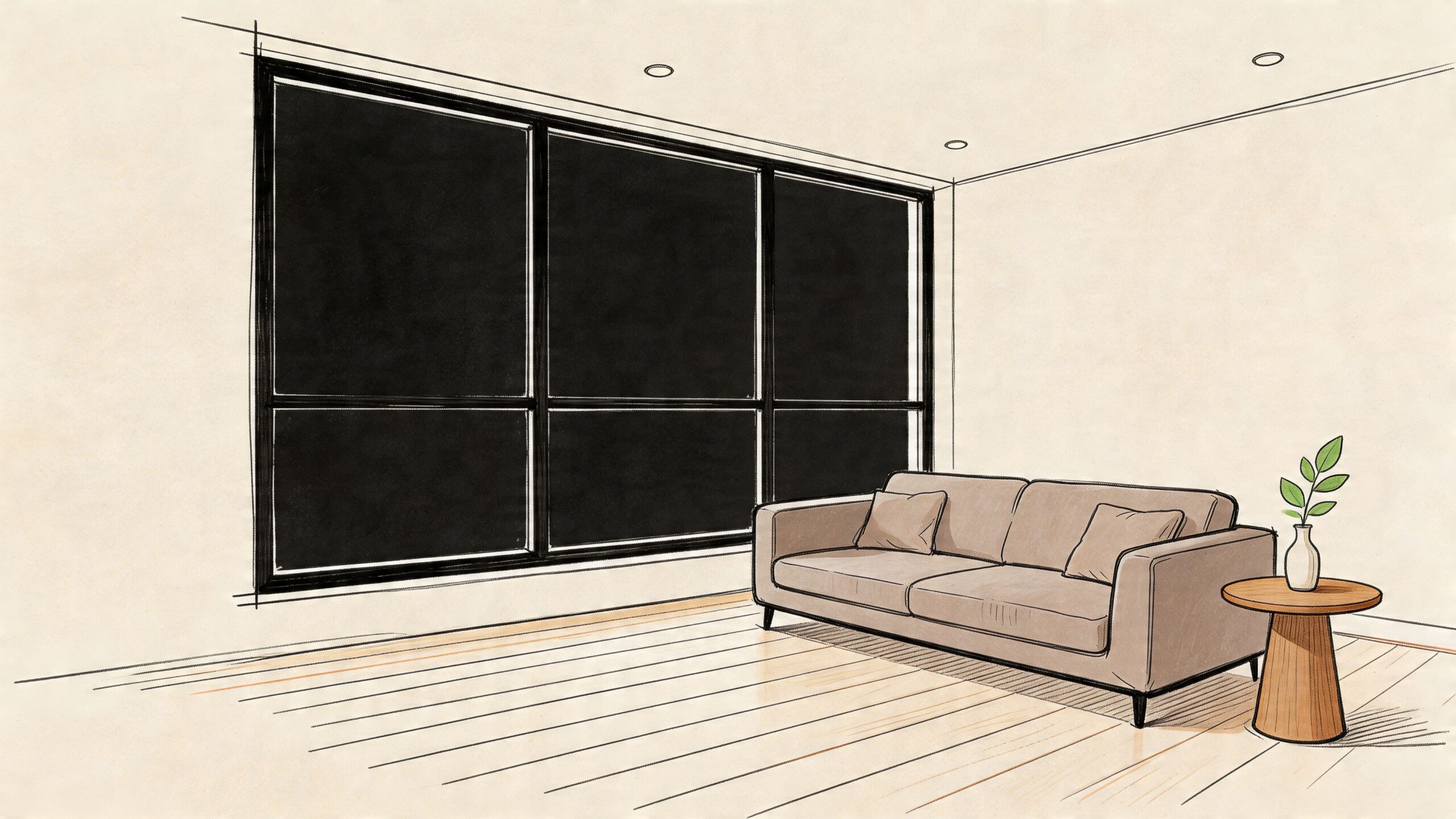 Moderne stue med lyst interiør, beige sofa og store elegante sorte vinduer, der skaber en flot kontrast.