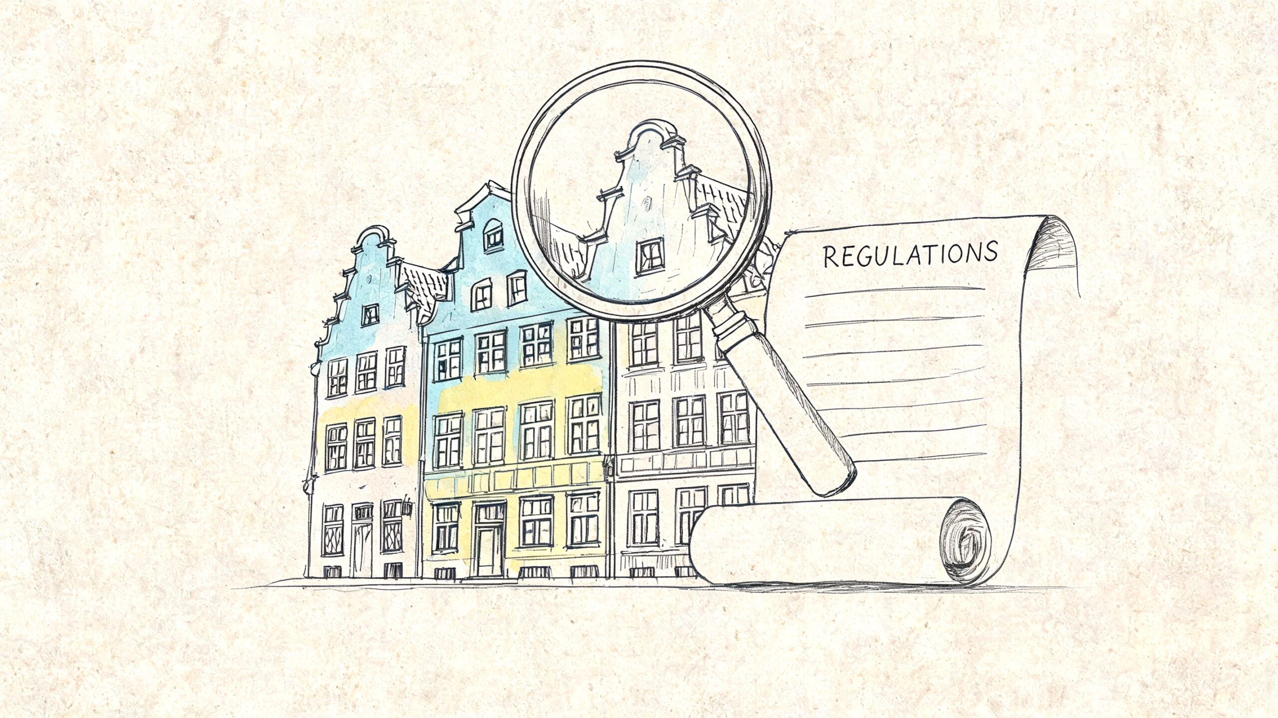 Illustration af historiske bygninger, en lup og et dokument med overskriften regulativer om byggetilladelse i København.