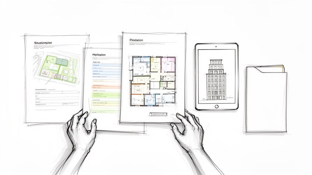 Hænder gennemgår arkitekttegninger og byggeplaner, med en tablet og mappe på bordet, der illustrerer byggetilladelsesprocessen.
