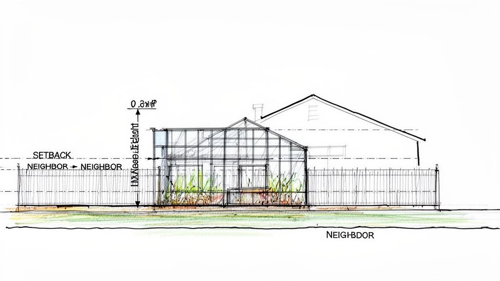 Arkitekttegning af drivhus design, der er knyttet til et hus, med hegn og målelinjer.