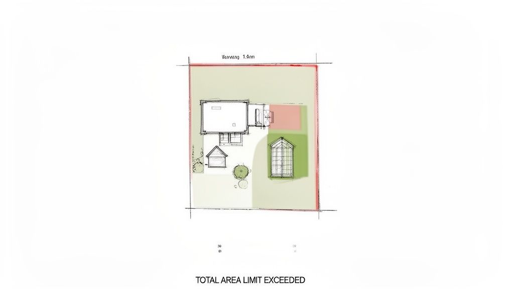 Plantegning af ejendom med hus, drivhus og have, der viser et overskredet byggeareal.