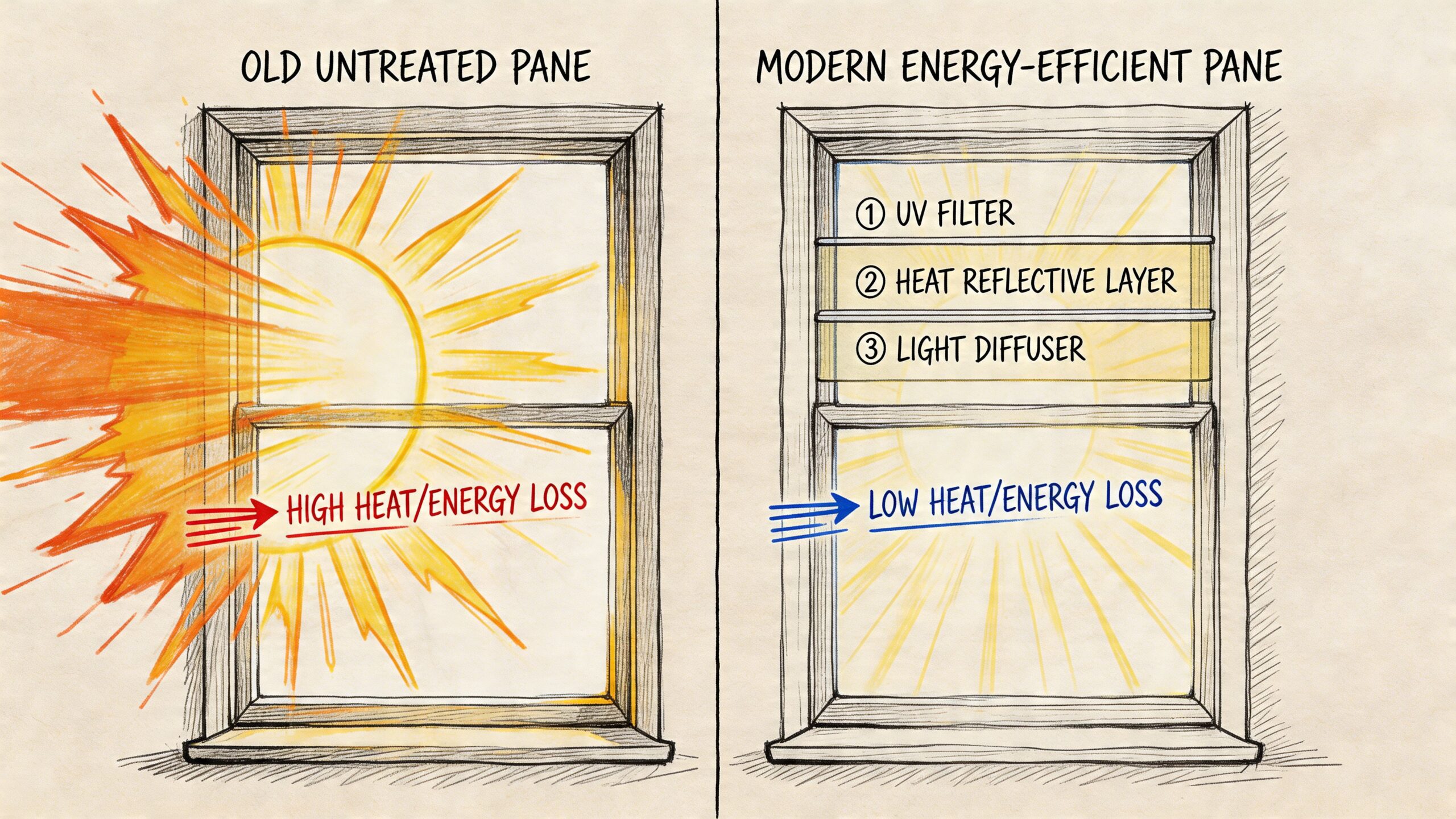 Illustration af gamle og moderne energivenlige vinduer med sol og varmebesparelse.