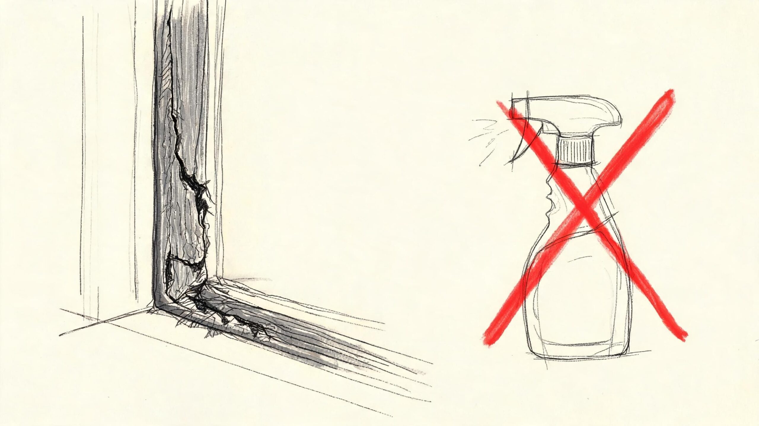 Illustration af en revnet vinduesfuge med et rødt kryds over en sprayflaske for at markere forkert rengøring.