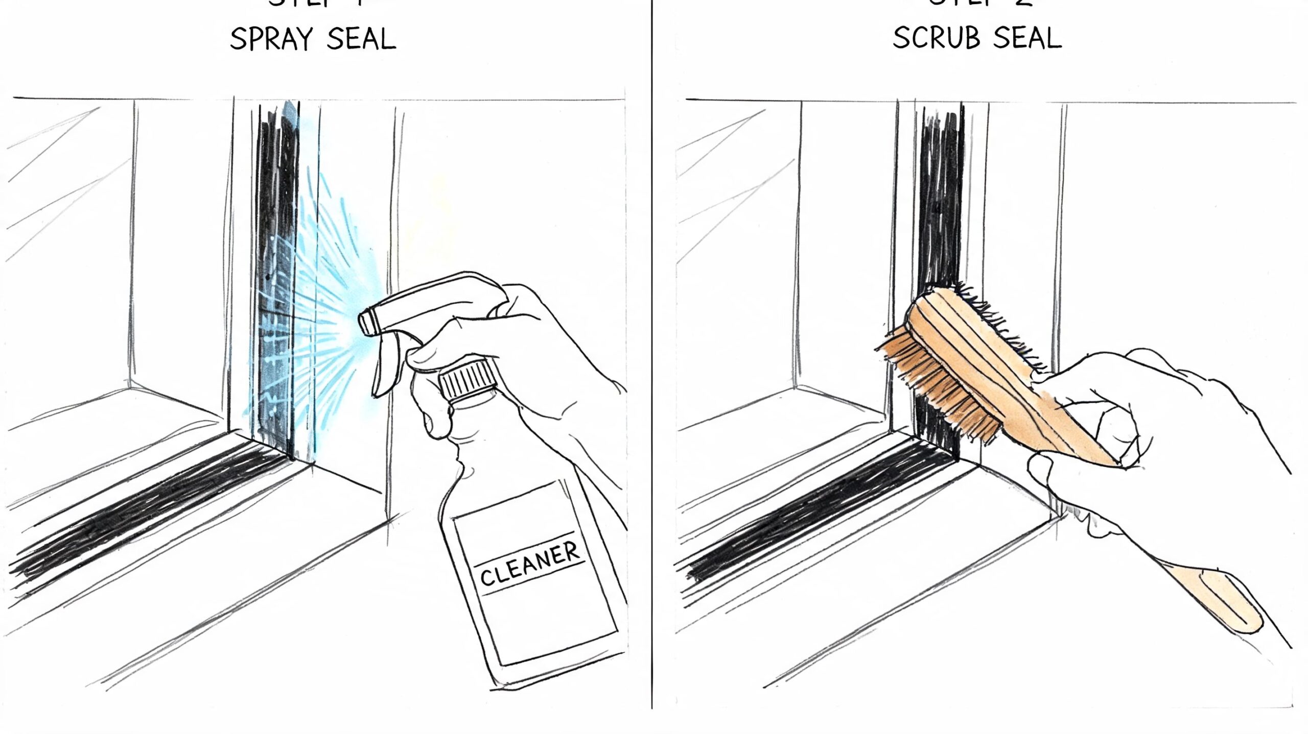 Illustration af to trin til rengøring af gummifuger ved vinduer med spray og børste.