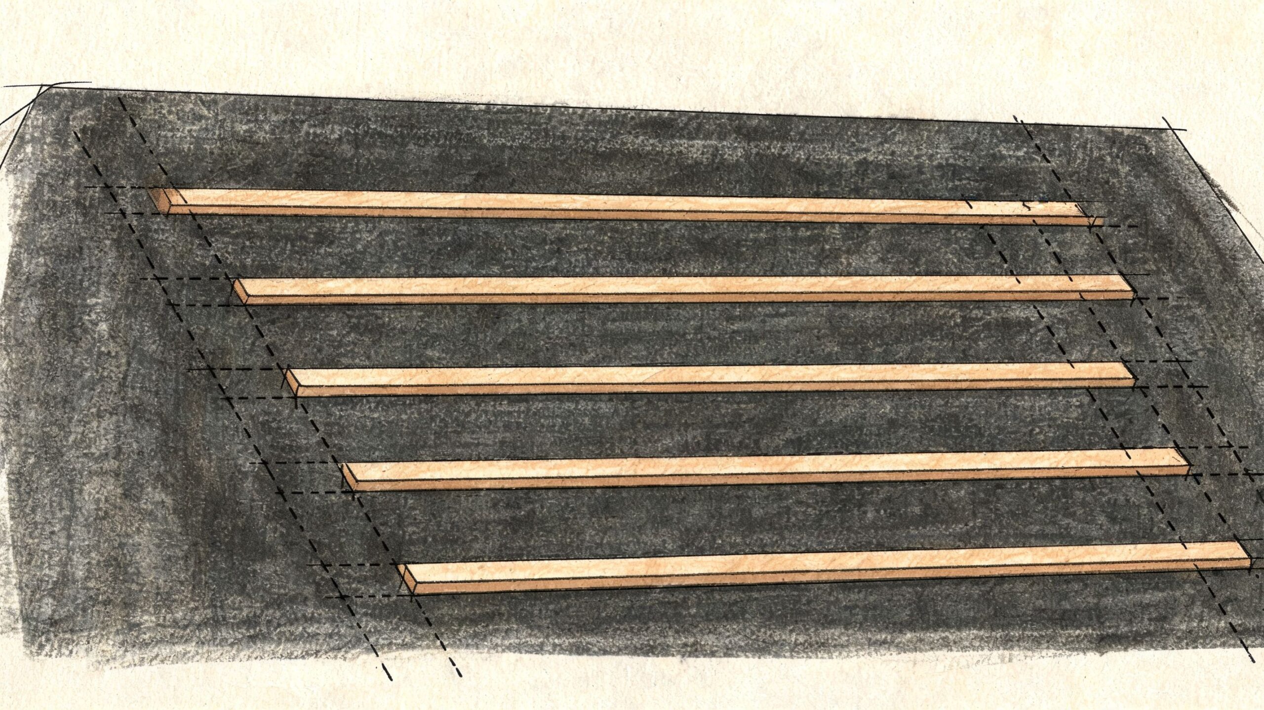 Illustration af lægter monteret på et tag for forberedelse af Decra tagplader, vist med tekniske støttelinjer.