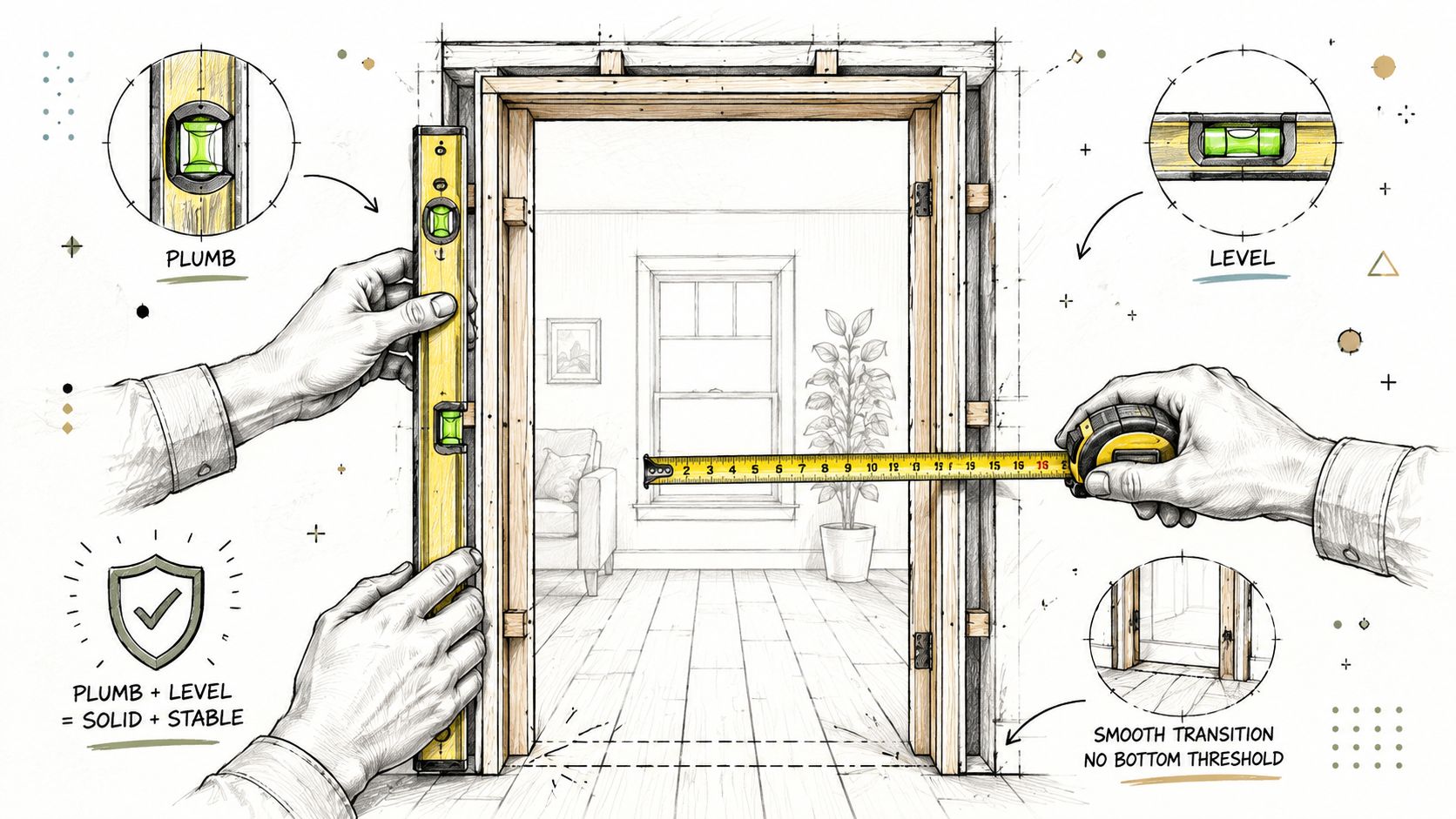 Illustration af montering af dørkarm uden bundstykke ved brug af vaterpas og målebånd for præcis installation.
