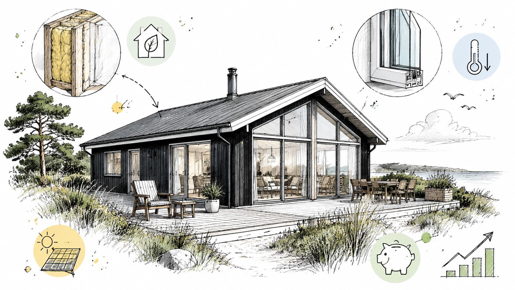 Illustration af et energieffektivt sommerhus med solceller, isolering og energirigtige vinduer i naturskønne omgivelser ved vandet.