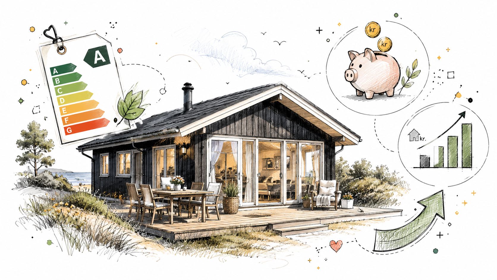 Illustration af et moderne sommerhus med høj energimærkning, der viser økonomiske besparelser og stigende ejendomsværdi.