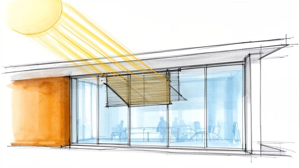 Illustration af et moderne hus med store vinduer og udvendig solafskærmning, der blokerer solens stråler og skaber skygge indendørs.