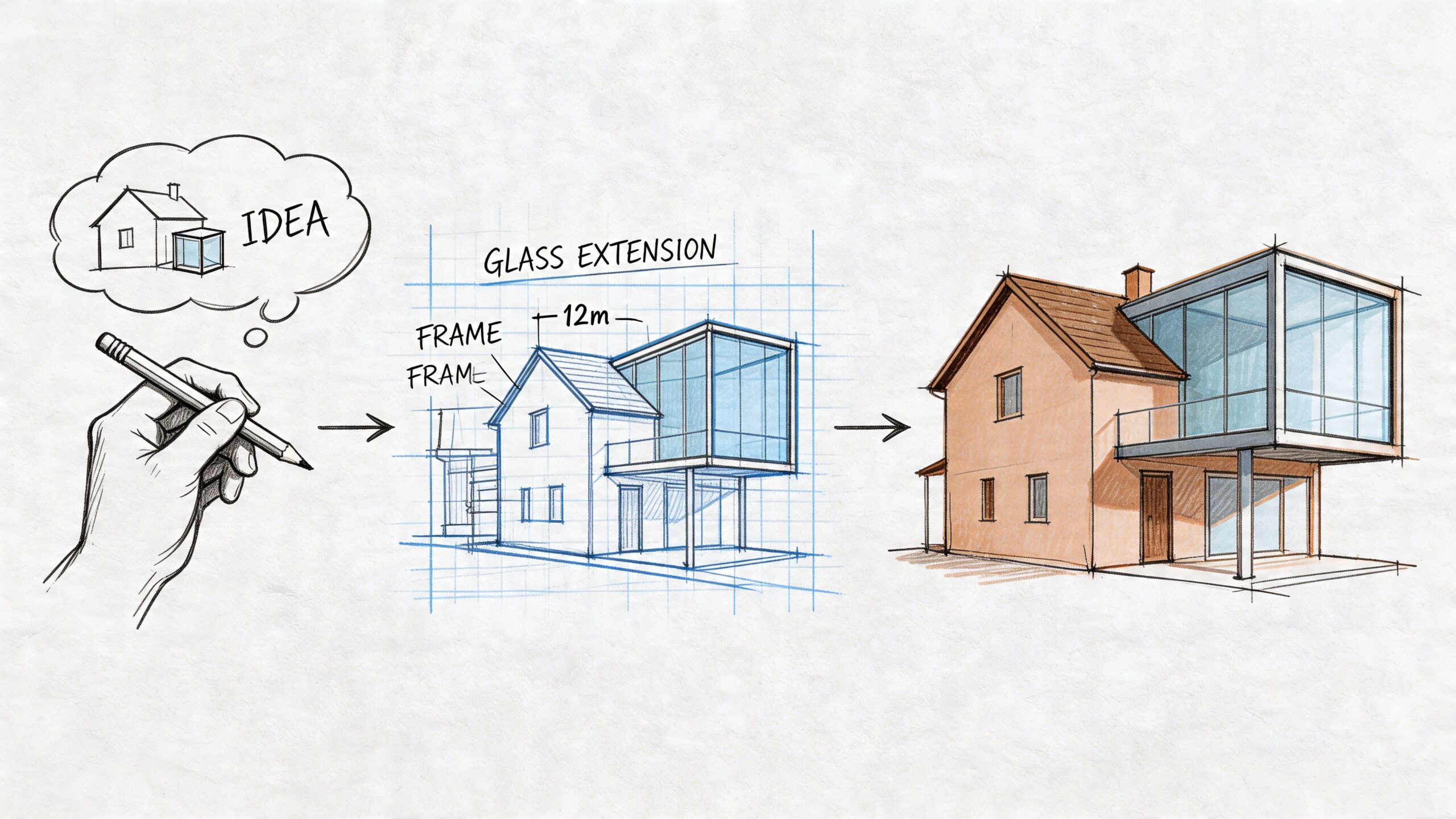Arkitektonisk tegning af tilbygning med glas til bolig.