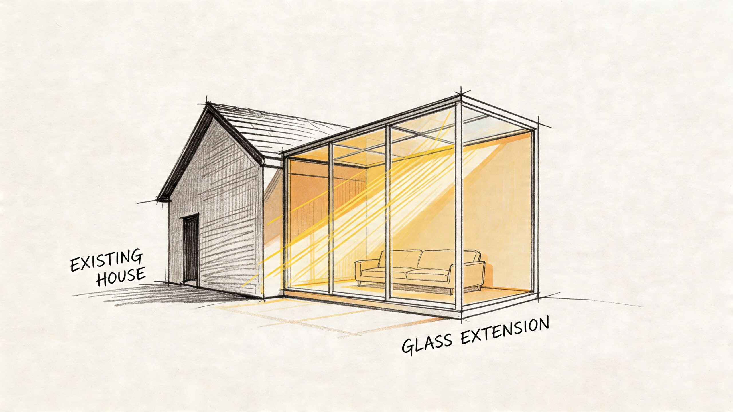 En arkitektonisk skitse af et eksisterende hus med en moderne tilbygning i glas og stål.