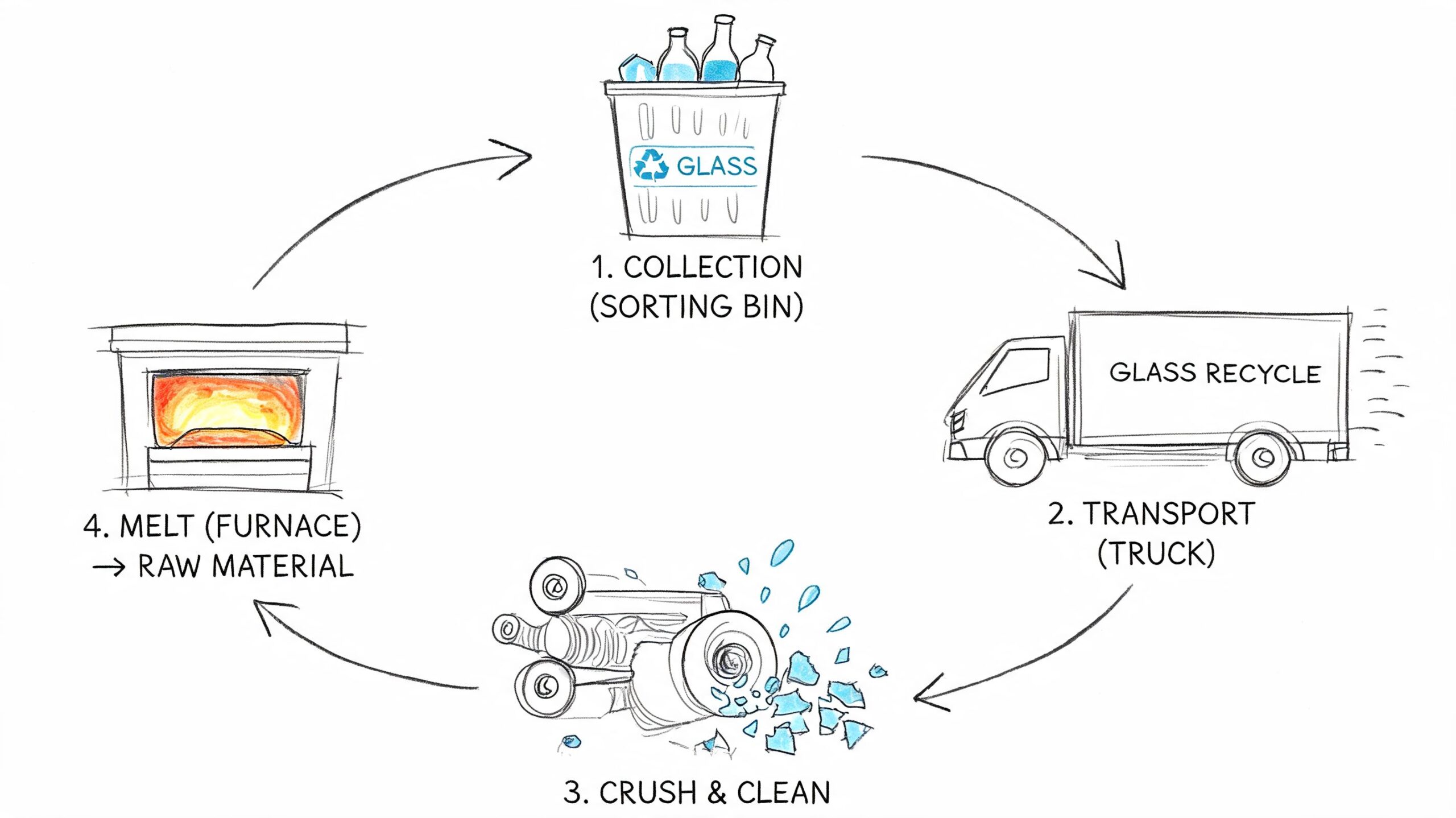 En illustration af en firetrins cyklus for genanvendelse af glas, fra indsamling til smeltning i en ovn.
