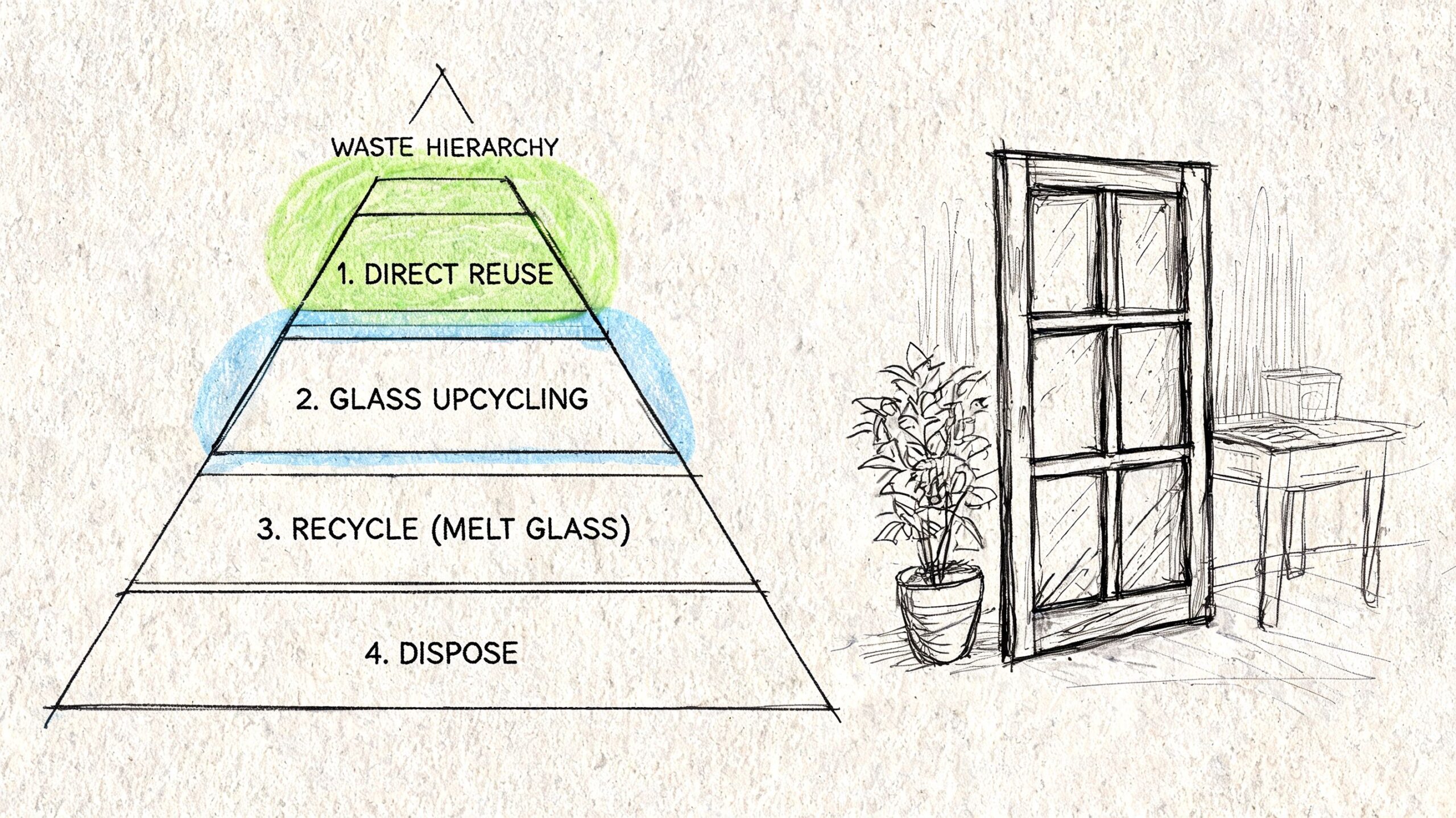 En grafisk illustration af affaldshierarkiet for glas, der viser genbrug, upcycling, genanvendelse og bortskaffelse af glasmaterialer.