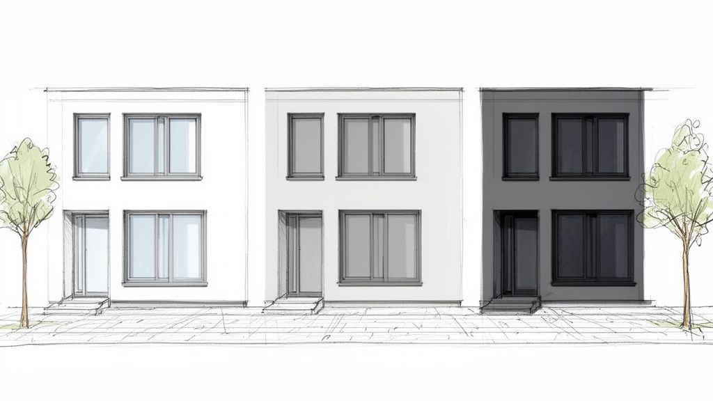 Illustration af tre moderne to-etagers huse i forskellige gråtoner med træer.