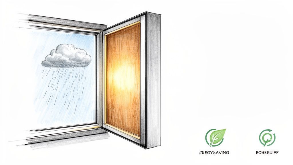 Et vindue med regn og skyer udenfor, og solskin på et træpanel indenfor, symboliserer energibesparelser.