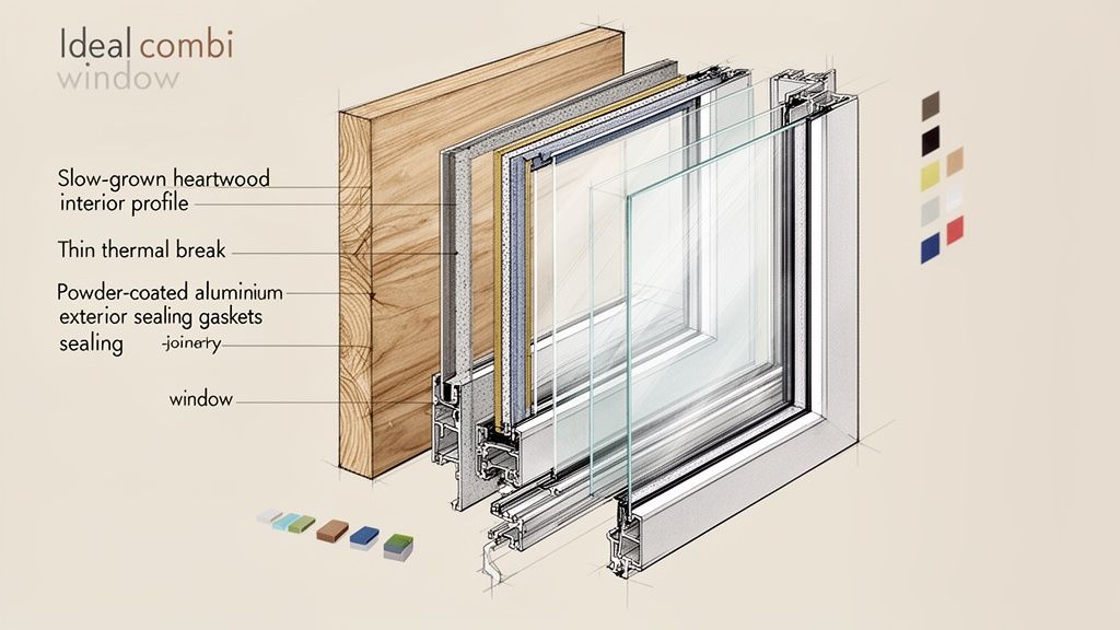 Detaljeret snit af Ideal combi vindue, der viser træ, aluminium, termisk brud og tætningsdetaljer.