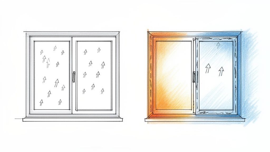 Illustration af to vinduer; den ene viser luftcirkulation, den anden varmetab og kuldebroer.