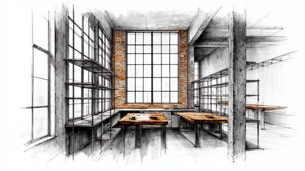 Arkitekttegning af et moderne køkkenalrum i industriel stil med murstensvægge og store vinduer.