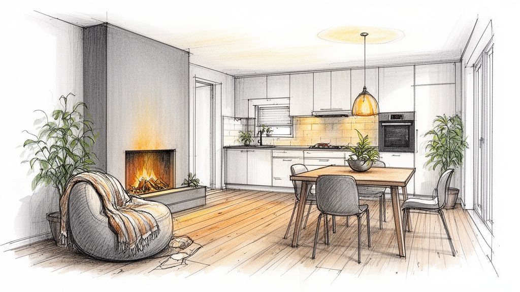 Moderne åbent opholdsrum med køkken, spisebord, pejs, komfortabel sækkestol og grønne planter.