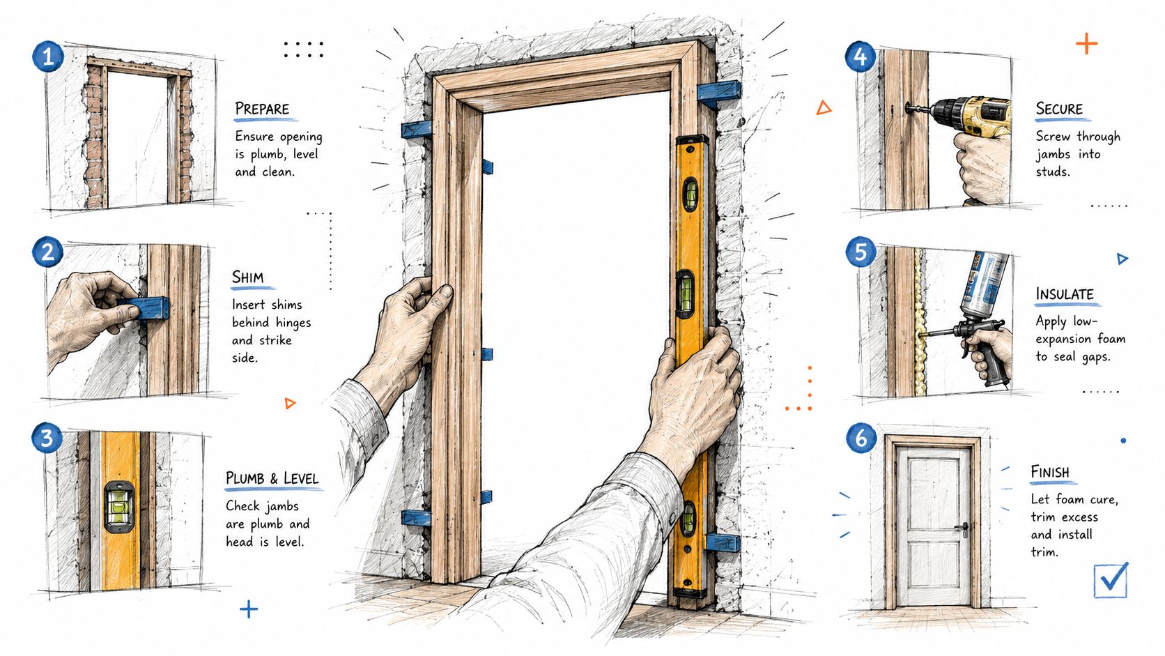 En illustreret guide i seks trin, der viser hvordan man korrekt installerer en dørkarm i en åbning.