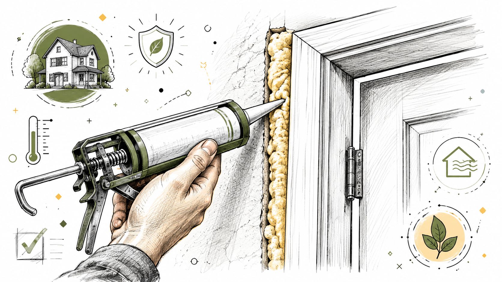 En person bruger en fugepistol til at isolere omkring en terrassedør med ekspanderende skum for bedre energieffektivitet.