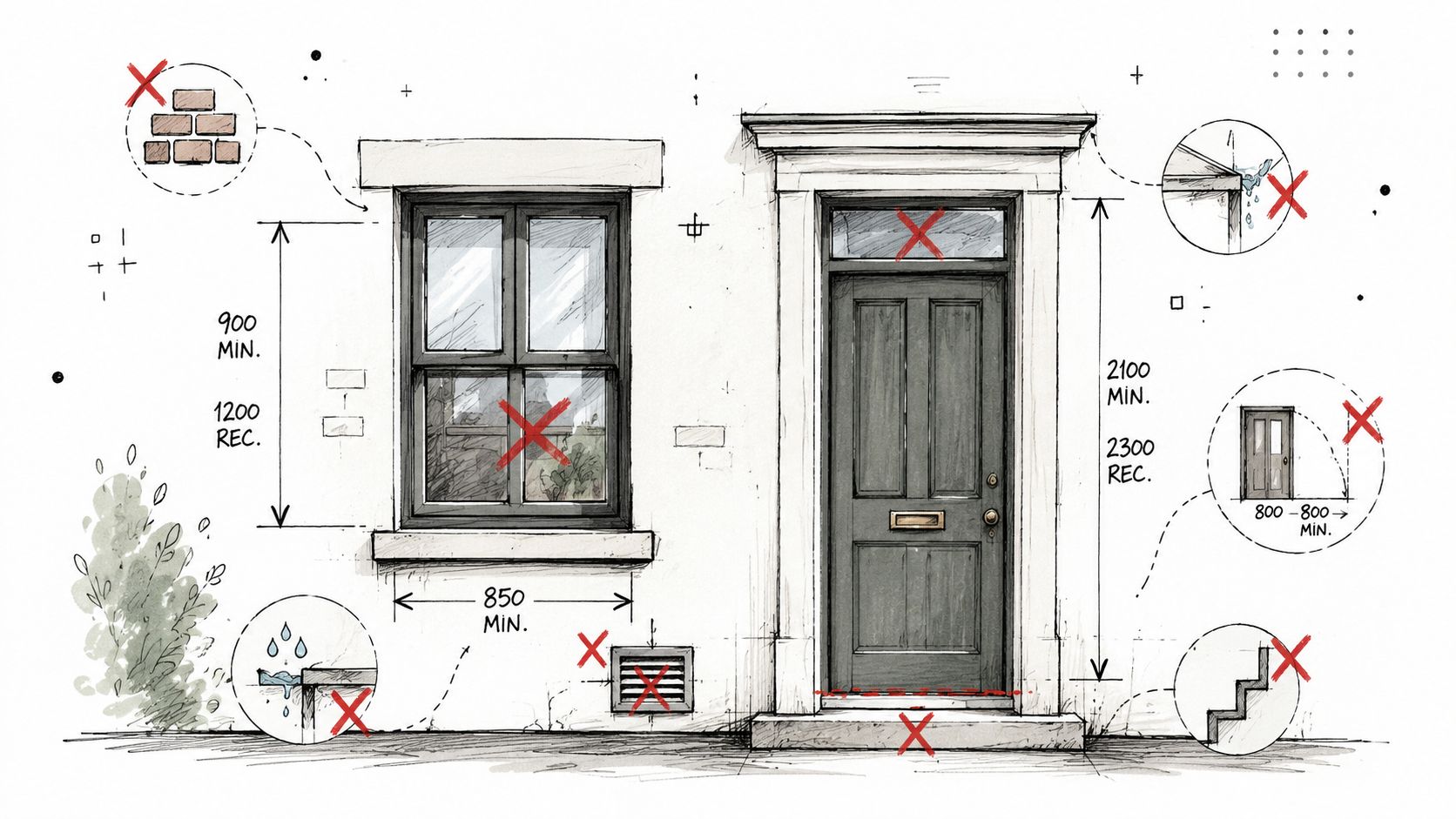En teknisk tegning af en husfacade med dimensioner og markeringer for korrekt udførelse af byggeprojekter.