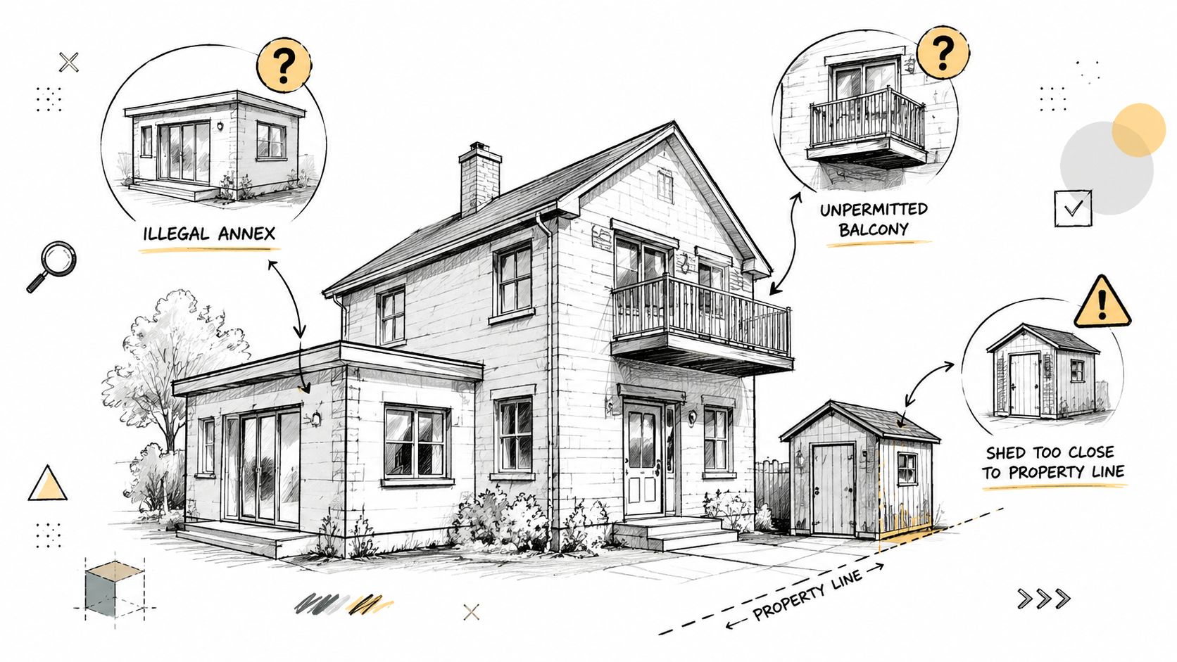 Illustration af ulovlige bygningsforhold på en ejendom, herunder en ulovlig tilbygning, altan og et skur for tæt på skel.