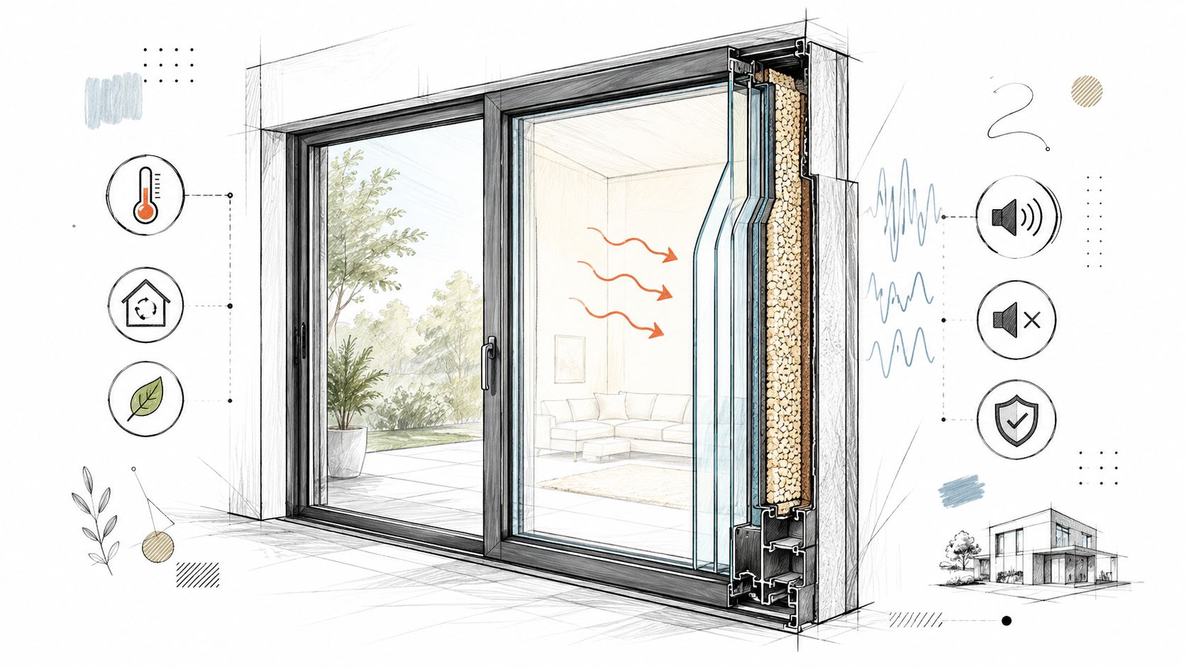 Tegning af en energieffektiv skydedør med isolering, der viser fordele ved temperaturregulering, støjdæmpning og et moderne design.