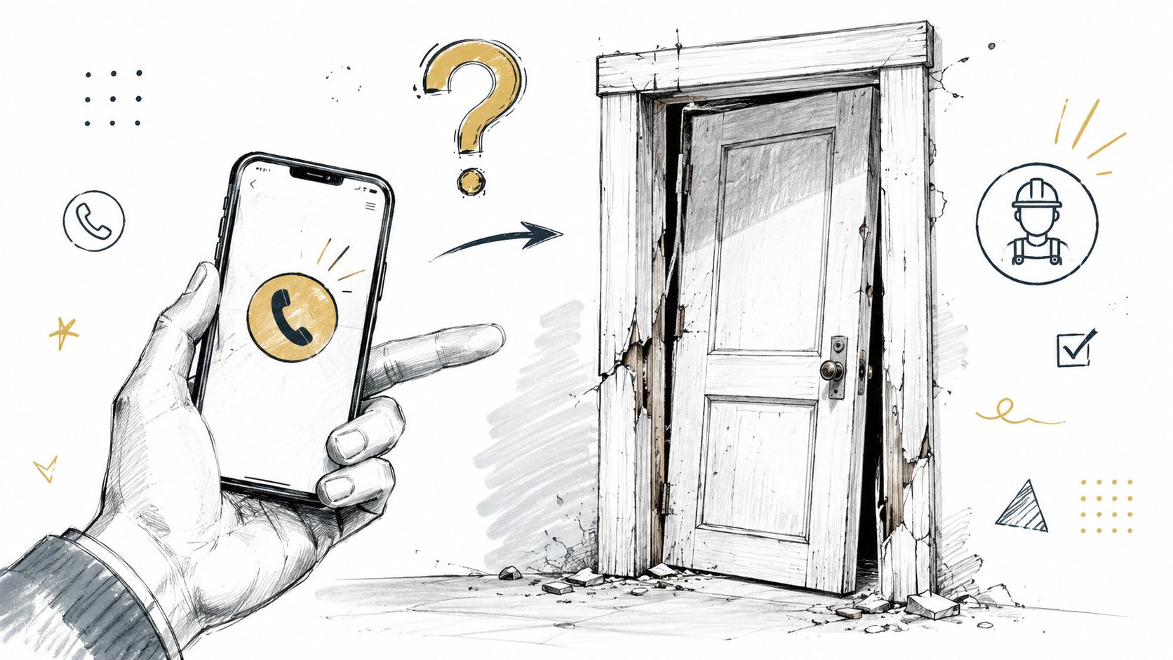 En hånd holder en smartphone, der symboliserer at ringe efter hjælp til en beskadiget dørkarm.