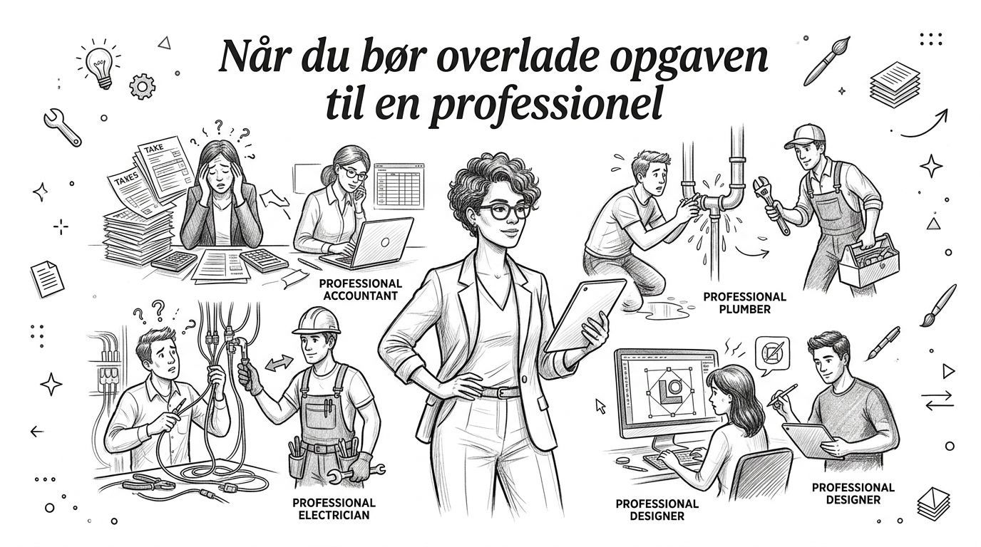 En illustration af forskellige professionelle fagfolk som revisor, VVS-installatør, elektriker og grafisk designer, der hjælper folk.