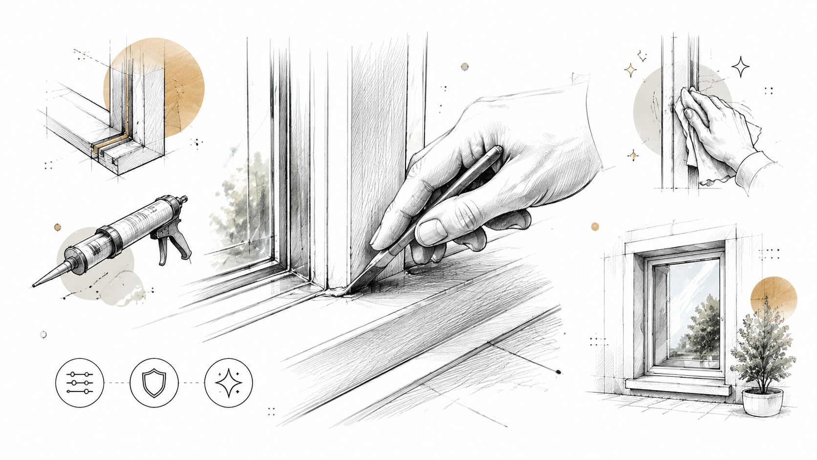 Illustration af en proces til tætning af et vindue eller en dør i en eksisterende karm.
