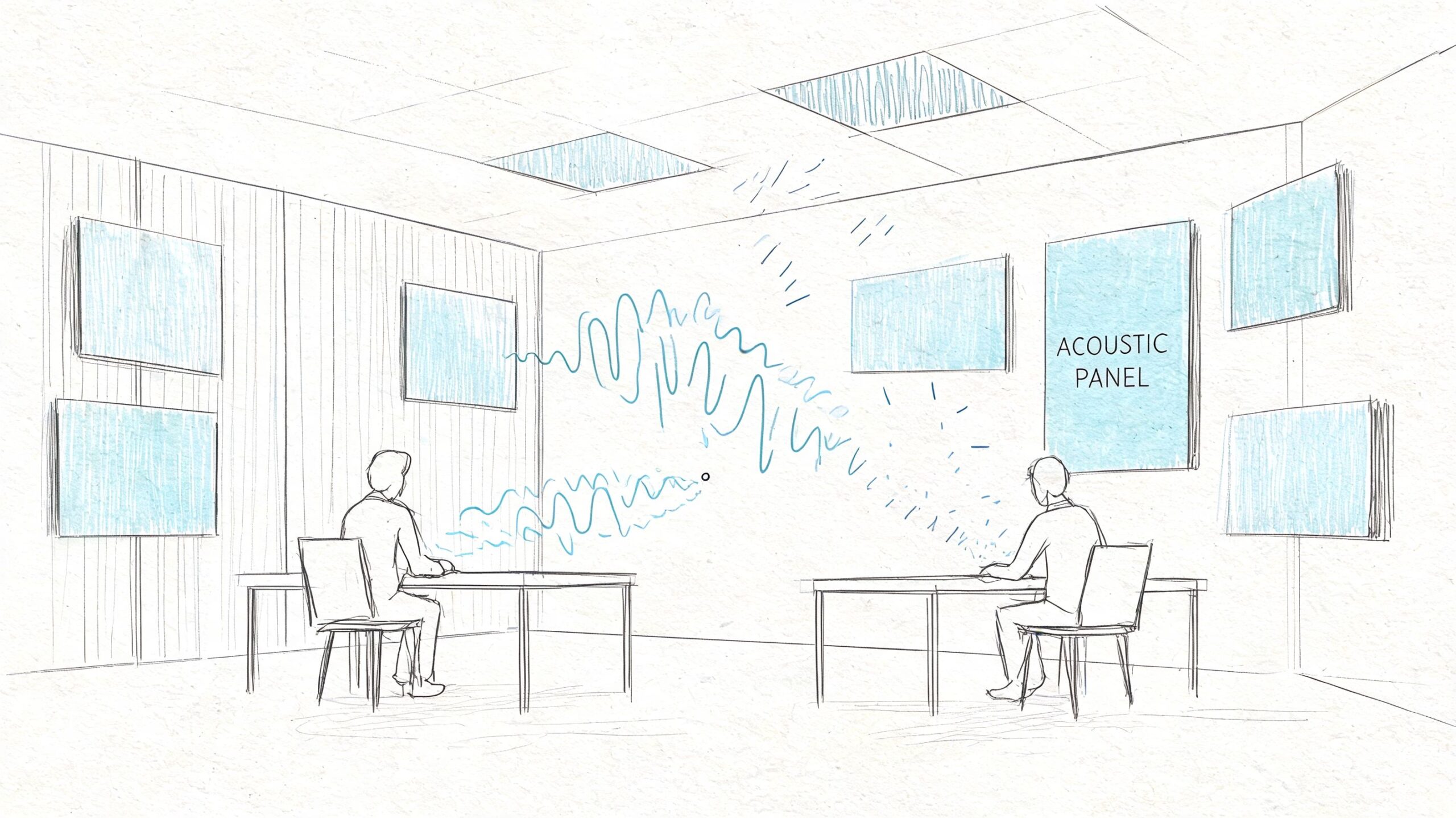 Illustration af to medarbejdere på et kontor med akustikpaneler, der dæmper lyden og skaber et bedre arbejdsmiljø.