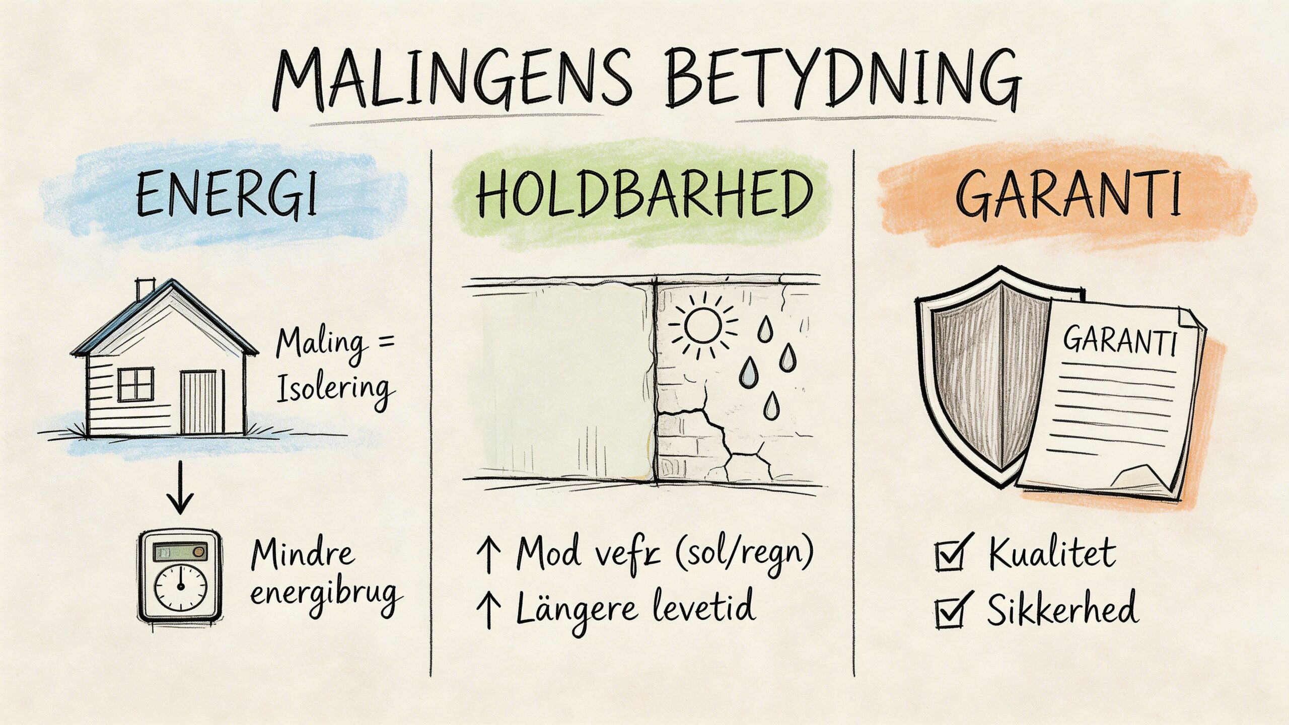 En infografik der viser malingens betydning for energi, holdbarhed og garanti af bygninger med tegnede illustrationer.