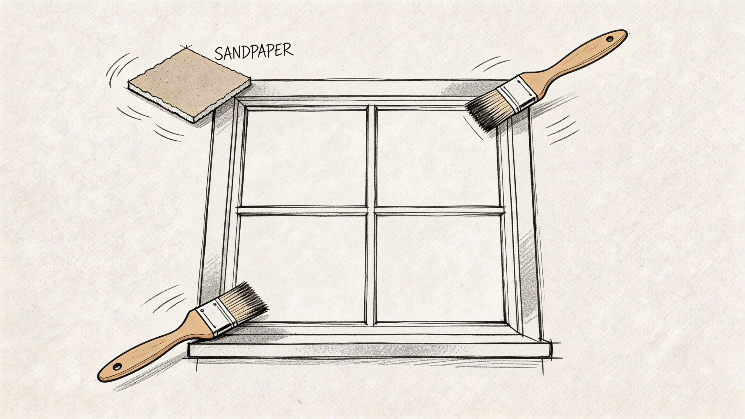 En illustration af et vinduesramme med sandpapir og pensler, der viser forberedelse til maling af vinduer.