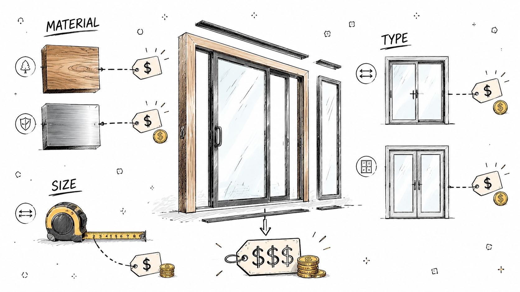 Illustration af faktorer der påvirker prisen på en terrassedør, herunder materiale, størrelse og dørtype.