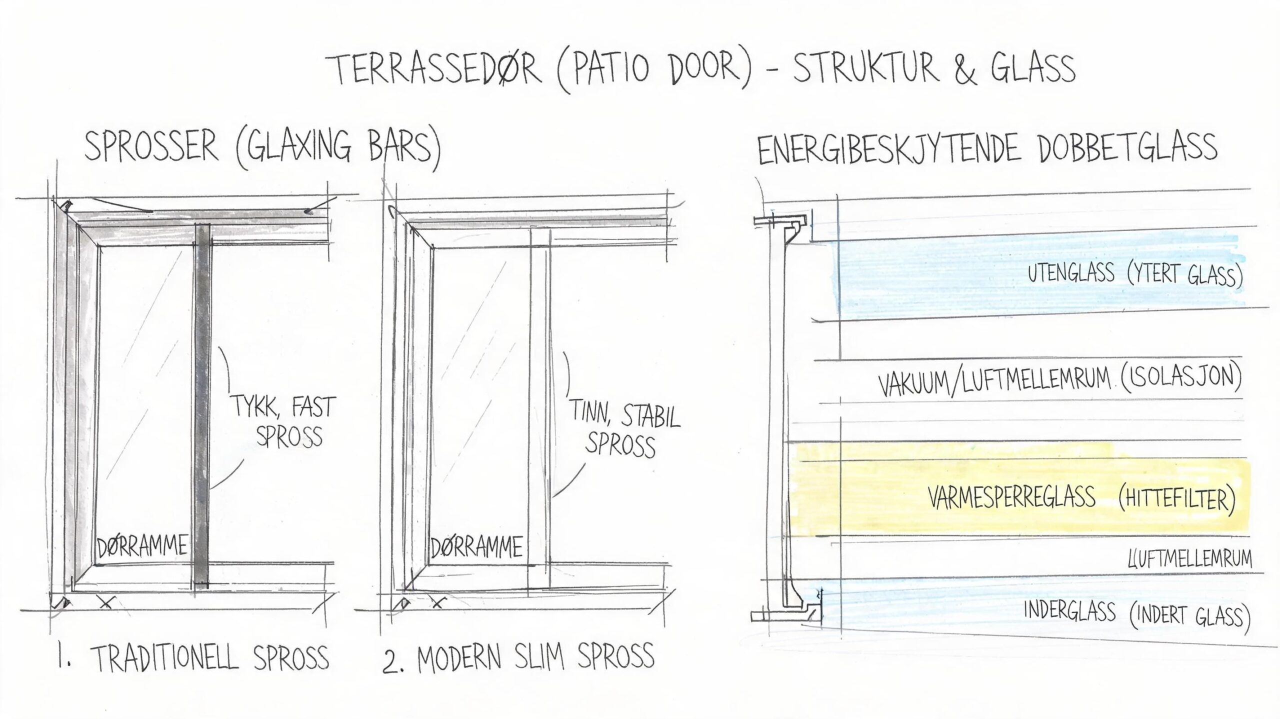 Tegning af terrassedør med sprosser og energibesparende glas.