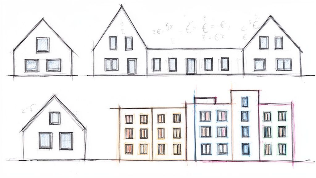 En håndtegnet skitse af facaderne på forskellige huse, der viser placering af vinduer og bygningskonstruktioner i stregtegning.