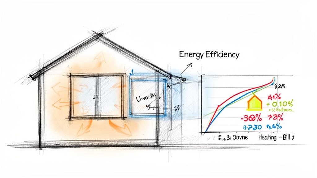 Illustration af et hus med varmetab gennem vinduer og en graf, der viser forbedret energieffektivitet.