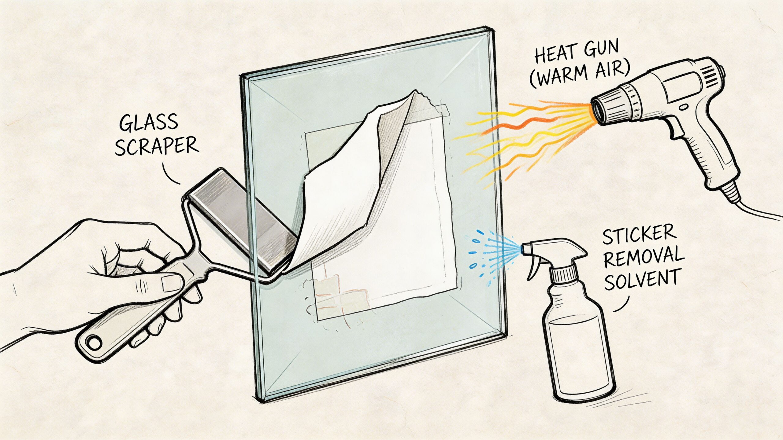 Illustration af teknikker til at fjerne klistermærker fra glas ved hjælp af skraber, varmepistol og rensevæske.