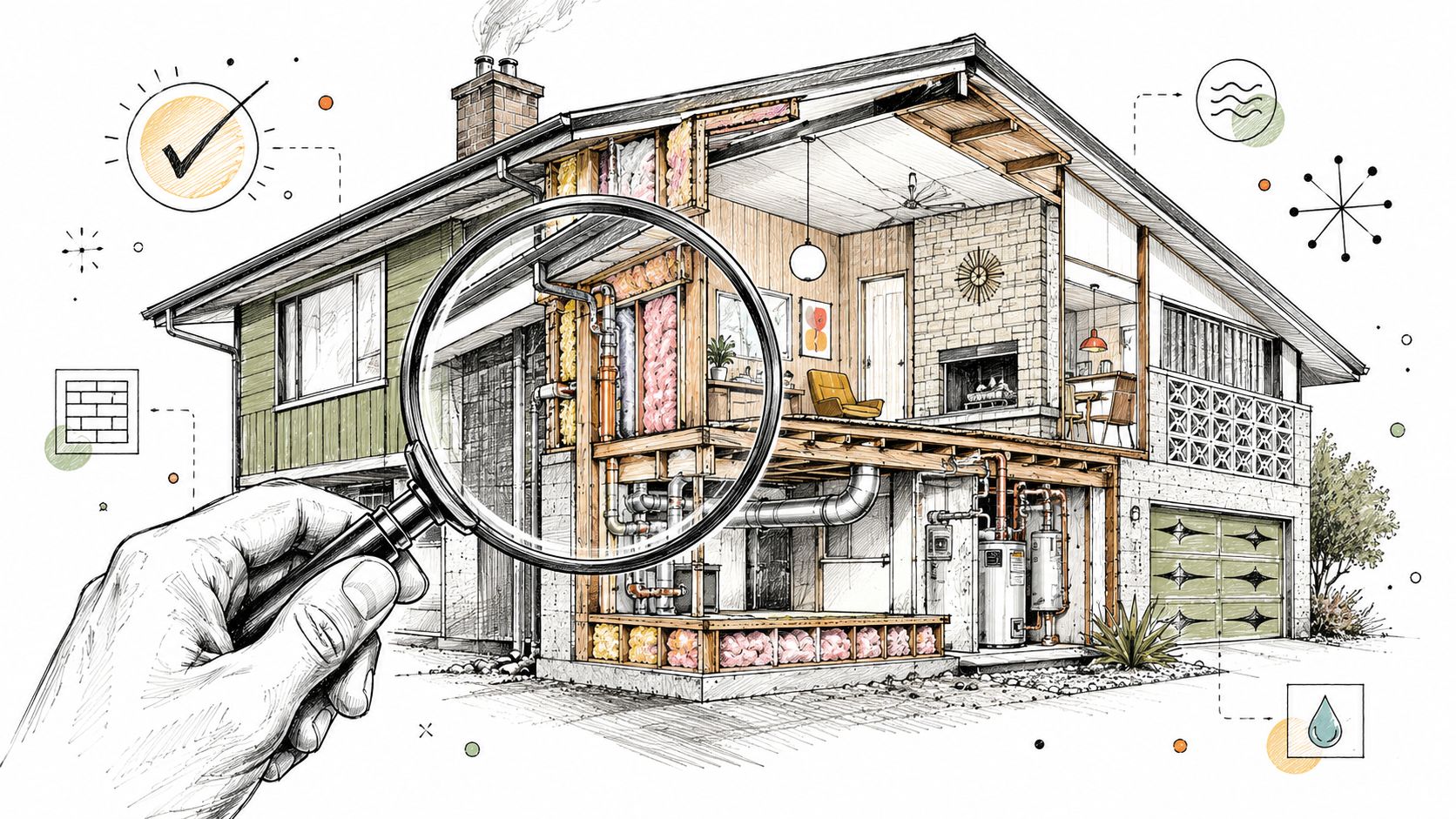 Illustration af et gennemskåret parcelhus fra 1970'erne, hvor en hånd undersøger husets struktur med et forstørrelsesglas.