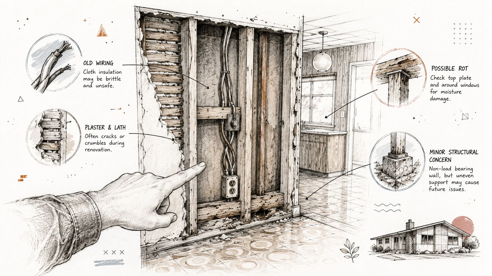 Illustration af renoveringsudfordringer i et ældre hus med fokus på elektriske ledninger, vægkonstruktion og strukturelle svagheder.