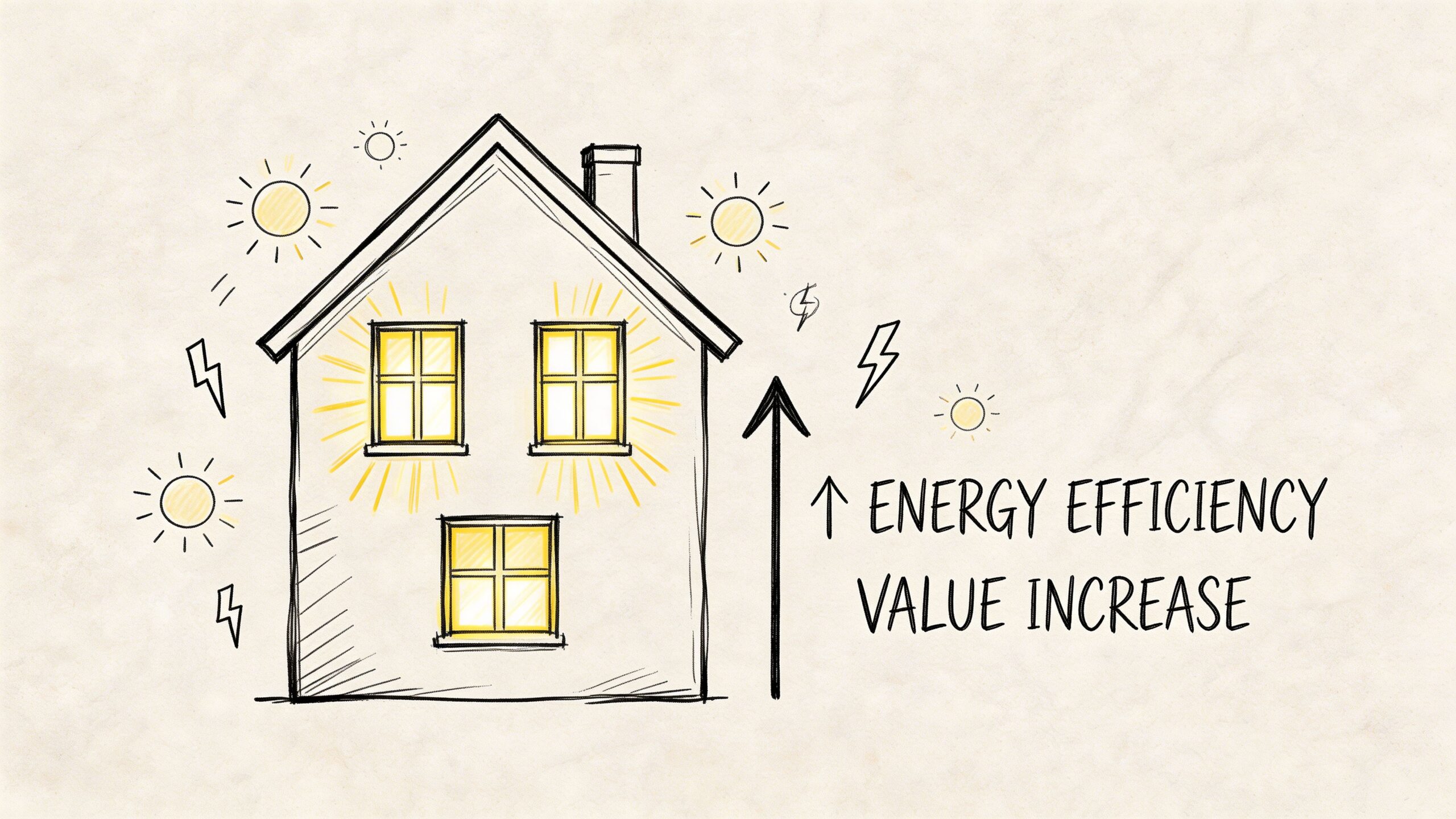Tegning af et hus der symboliserer øget ejendomsværdi gennem forbedret energieffektivitet og miljøvenlige energiløsninger.