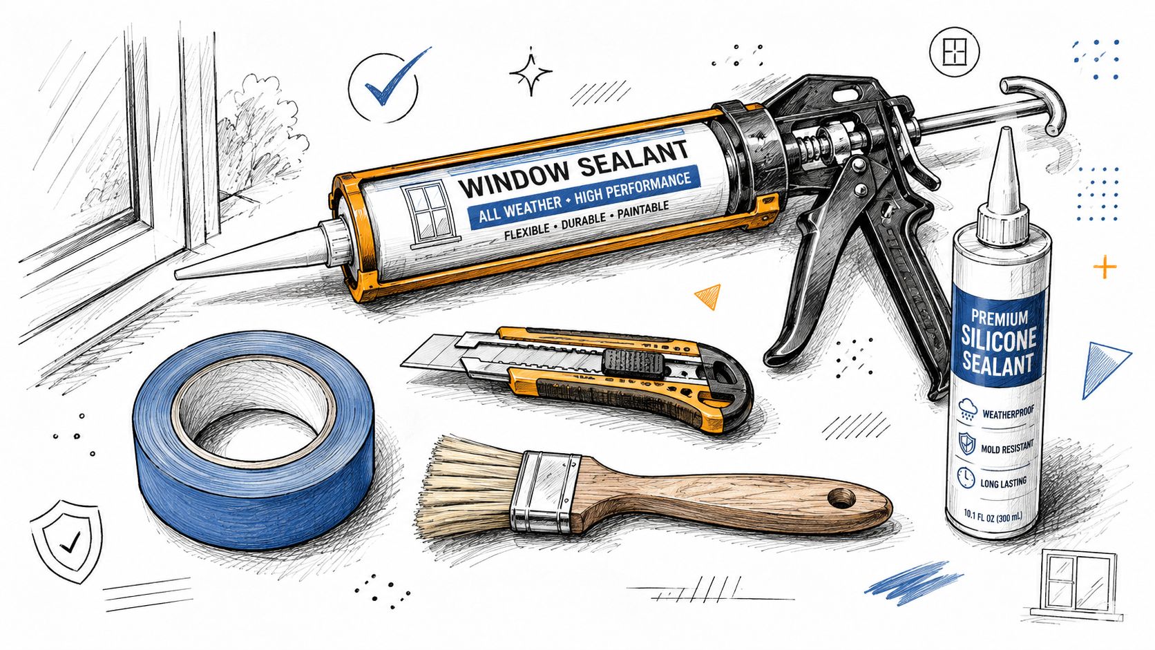 Illustrationsværktøjer til udskiftning af vinduesfuger, herunder fugepistol, silikone, kniv, pensel og malertape på en hvid baggrund.