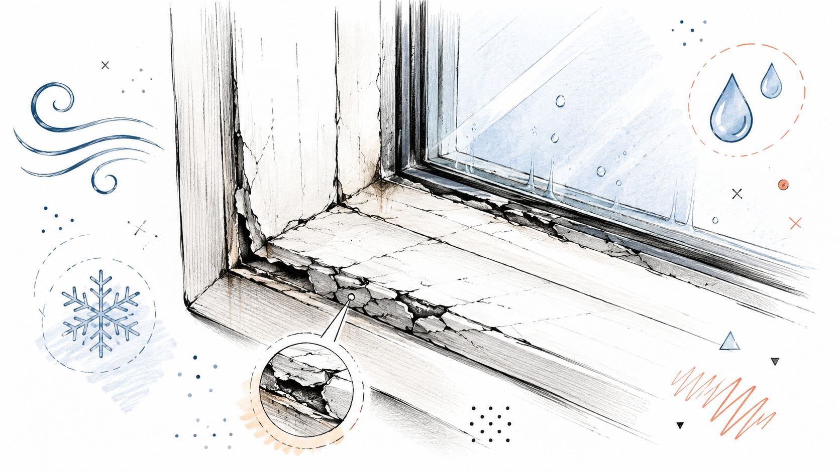 En detaljeret illustration af en beskadiget og revnet vindueskarm med fugtskader og utætte vinduesrammer i et hjem.