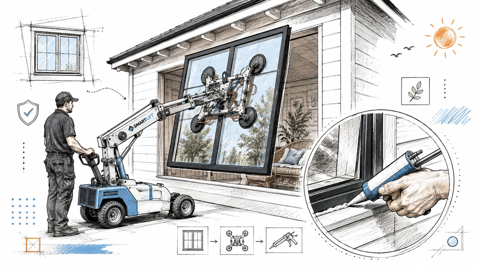 Udskiftning af vinduer i sommerhus med robot og håndværker.
