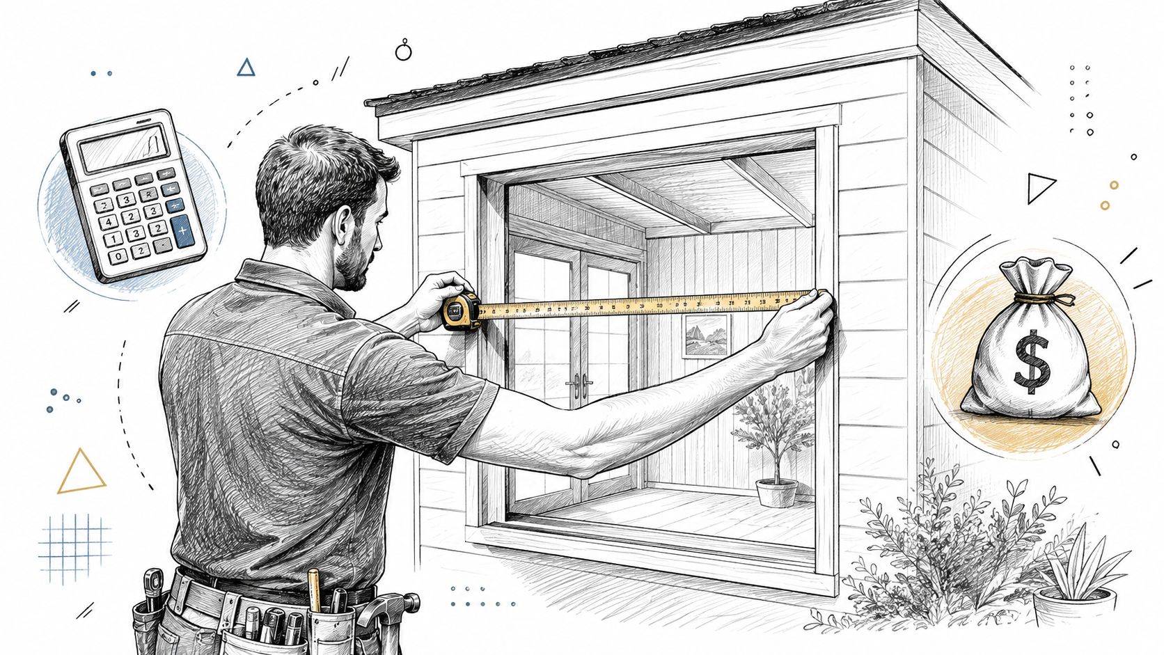 Mand måler vindue til udskiftning i sommerhus.